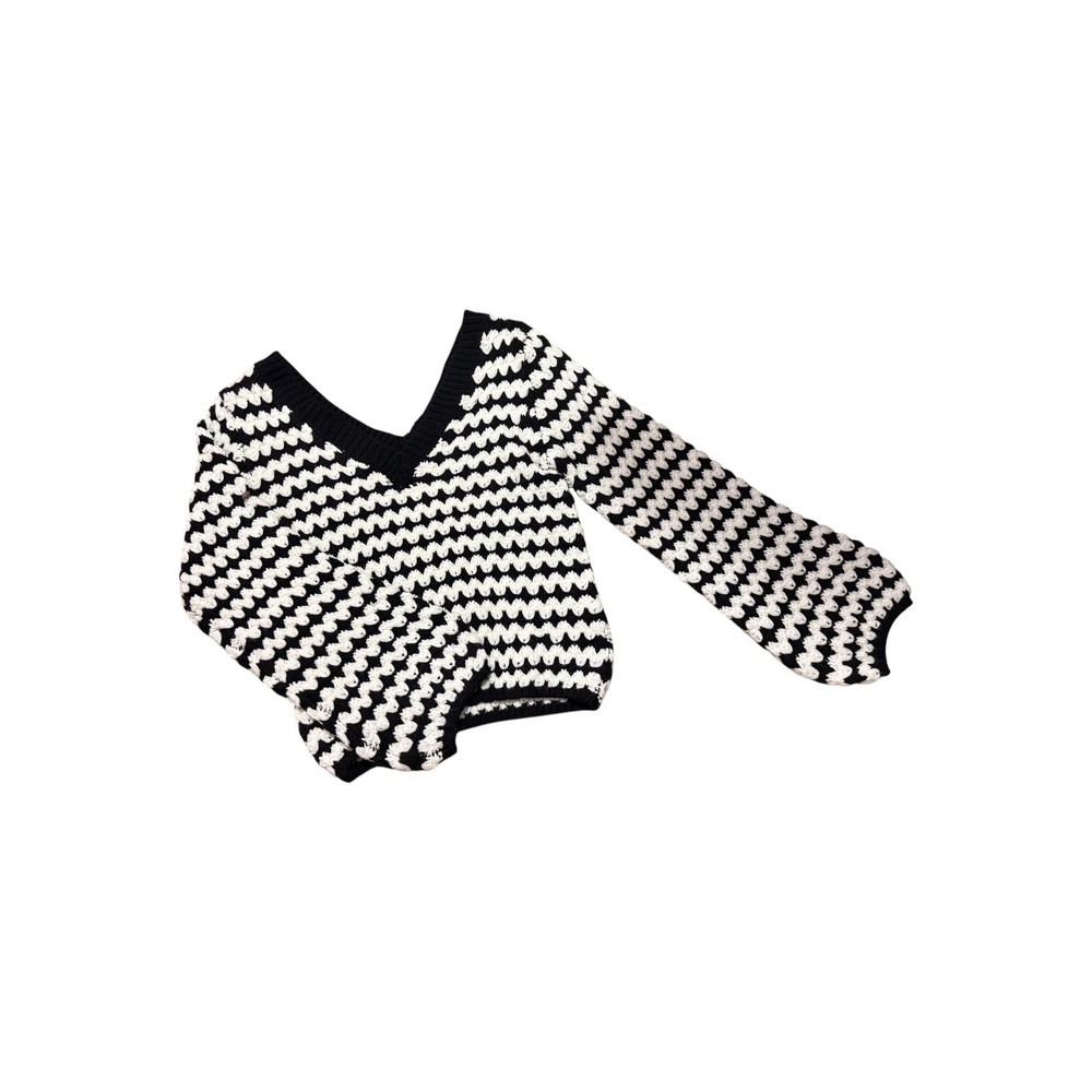 POL Womens S Black Ivory Chunky Knit V Neck Sweater Balloon Sleeve Boho